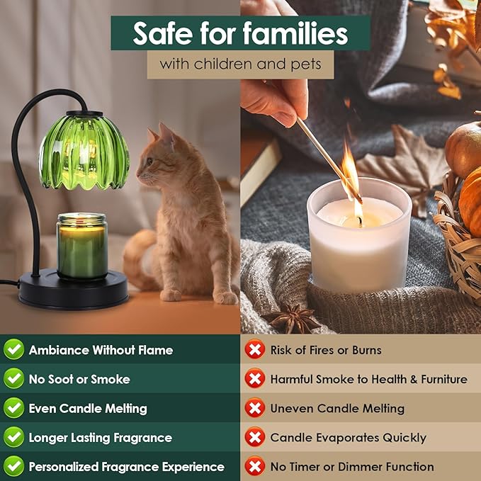 Dimmable Flower Candle Warmer Lamp with Timer, Aromatherapy Candle Lamp for Scented Candles, Modern Green Glass Candle Lamp Warmer Gifts for Her, Birthday/Housewarming/Back to School Gift