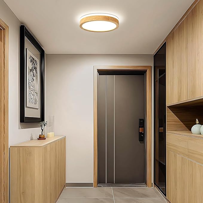Modern Dimmable Wood Flush Mount Ceiling Light, 2700K-6000K 5CCT Round Close to Ceiling Lighting Fixtures, Minimalist LED Ceiling Lamp for Bedroom, Kitchen, Hallway, Laundry Room-11.81in