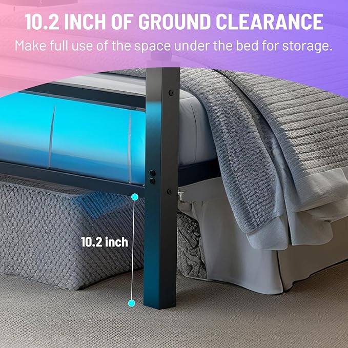 Full Size Bed Frame with Headboard and Footboard,Steel Slats Support-LED Bed Frame with USB Charging Station,Mattress Foundation-Under Bed Storage, No Box Spring Needed,Noise Free,Black