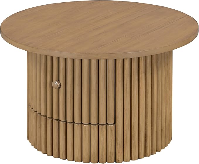 WILLIAMSPACE 30.5" Round Coffee Table with a Drawer, Modern Farmhouse Wood Circle Drum Center Table with Vertical Slat Base, Accent Side End Table for Living Room Apartment, Natural