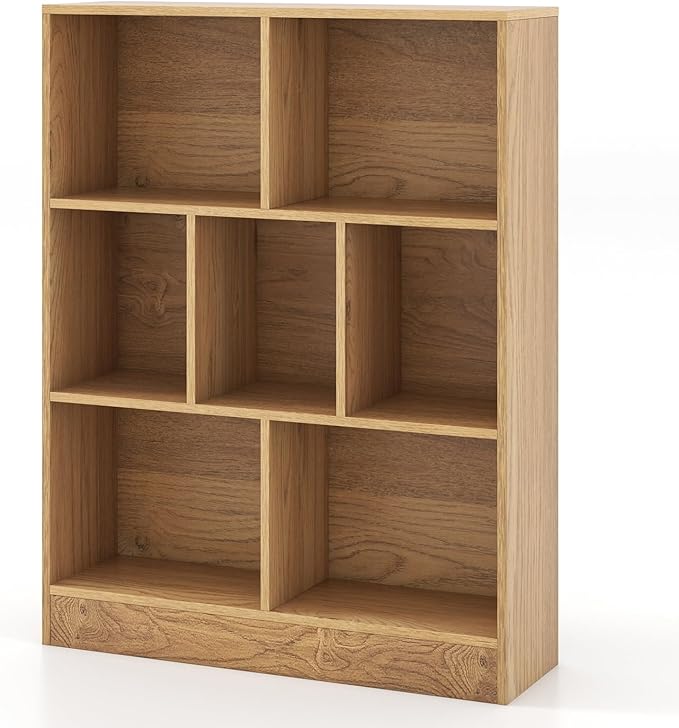 Costzon Wooden Toy Storage Organizer, 7-Cube Kids Bookshelf w/ 2 Anti-Toppling Kits, 3 Tier Open Shelves & Non-Slip Foot Pads, Book Shelf for Kids Rooms, Playroom, Classroom, Nursery (Natural)