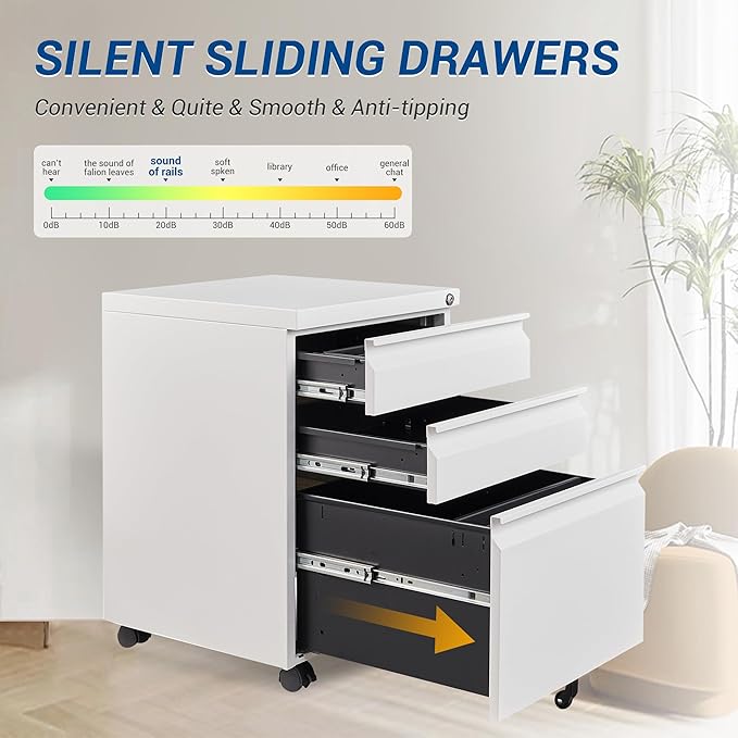 3 Drawer Vertical File Cabinet, Mobile Filling Cabinet with Lock for Legal/Letter Size, Pre-Built Office Storage File Cabinet with Wheels Under Desk - Fully Assembled