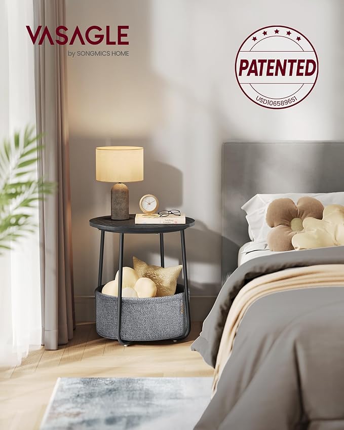 VASAGLE Small Round Side End Table, Modern Nightstand with Fabric Basket, Ebony Black and Slate Gray ULET223B01