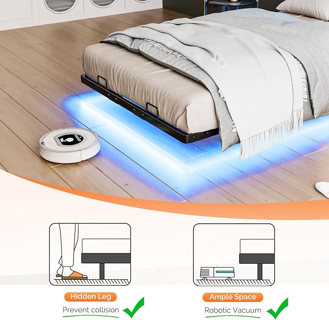 VINGLI Floating Bed Frame Twin Bed with Charging Station and LED Lights,Twin Metal Bed Frame,Cozy Hidden Storage Velvet Upholstered Headboard,No Box Spring Needed,Easy Assembly,Black