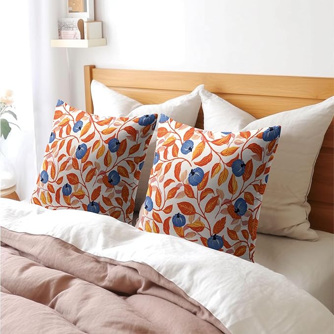 Kawani Fall Leaf Pumpkin Pillow Covers 24x24 Inch Seasonal Autumn Harvest Orange and Blue Outdoor Decorative Throw Pillows Set of 2 Thanksgiving Holiday Pillowcases for Couch Home Decor