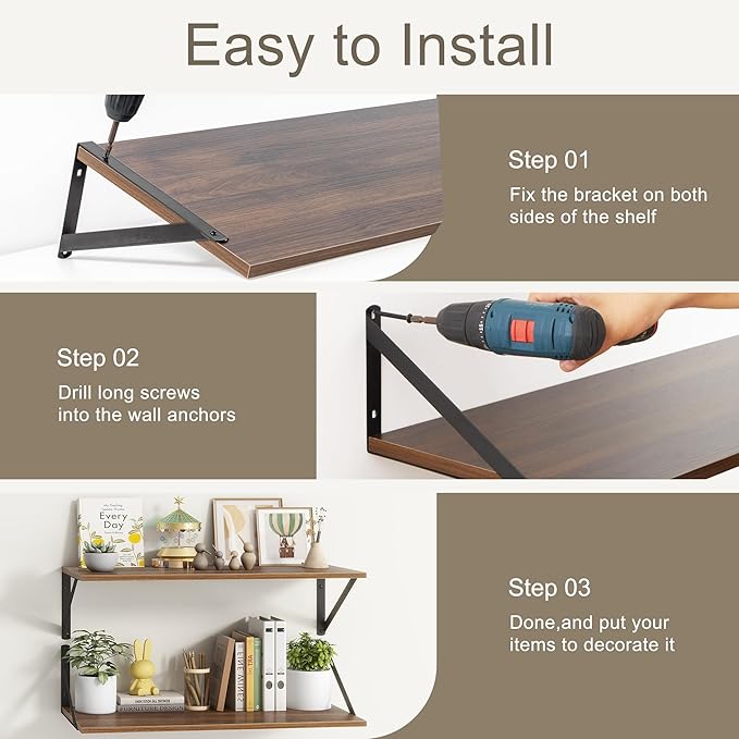 Fun Memories 18" W x10 D Floating Shelves, Farmhouse Wall Shelves Home Decor Shelf, Deep Bathroom Shelves with Bracket, 10 Inch Deep Wall Shelf for Living Room, Kitchen, Bedroom, Walnut, Set of 2