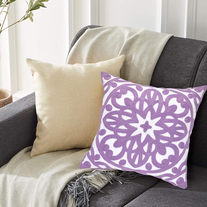Alysheer Embroidered Decorative Throw Pillow Cover 20"x 20", Boho Mandala Modern Thick Embroidery Pattern, Durable Cotton Canvas Soft Cushion Case for Sofa Couch Bed Living Room (Lilac Lavender)