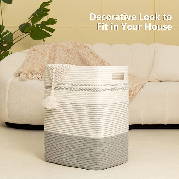 Laundry Hamper, Large Woven Rope Tall Laundry Basket with Handles, 22" X 17" X 13", Decorative Storage Basket for Clothes and Blankets in Living room, Bedroom, Grey & White