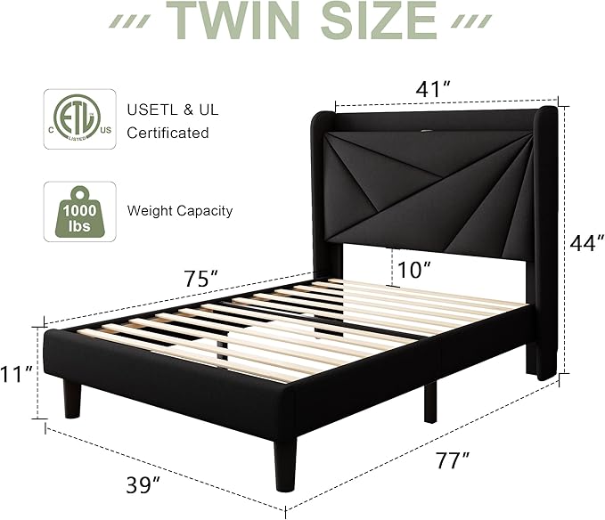 Feonase Twin Size Bed Frame with Charging Station, Upholstered Linen Platform Bed Frame with Wingback Headboard, Solid Wood Slats Support, No Box Spring Needed, Noise Free, Black