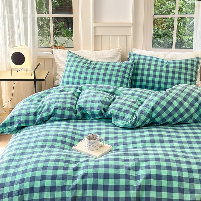 FACE TWO FACE Bedding Duvet Cover Set100% Washed Cotton Duvet Cover Linen Like Textured Breathable Durable Soft Comfy (California King, Blue Green Grid)