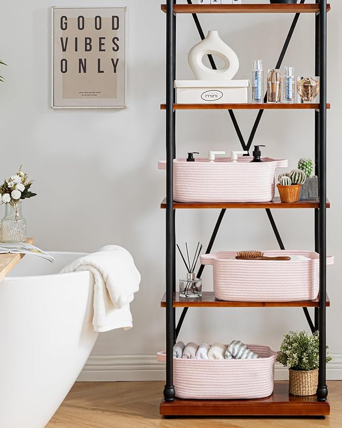 KALLAX Small Woven Basket, 14 x 10 x 5.6 Inches, Small Storage Baskets for Organizing, Gift Baskets Empty, Cute Rope Shelf Closet Storage Bins for Shelves, Dog Toy Basket, Light Pink