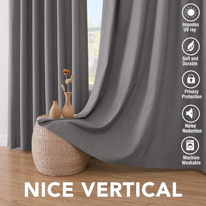 H.VERSAILTEX Linen Blackout Curtains 96 Inches Long 100% Absolutely Blackout Thermal Insulated Textured Linen Look Curtain Draperies Anti-Rust Grommet, Energy Saving with White Liner, 2 Panels, Grey