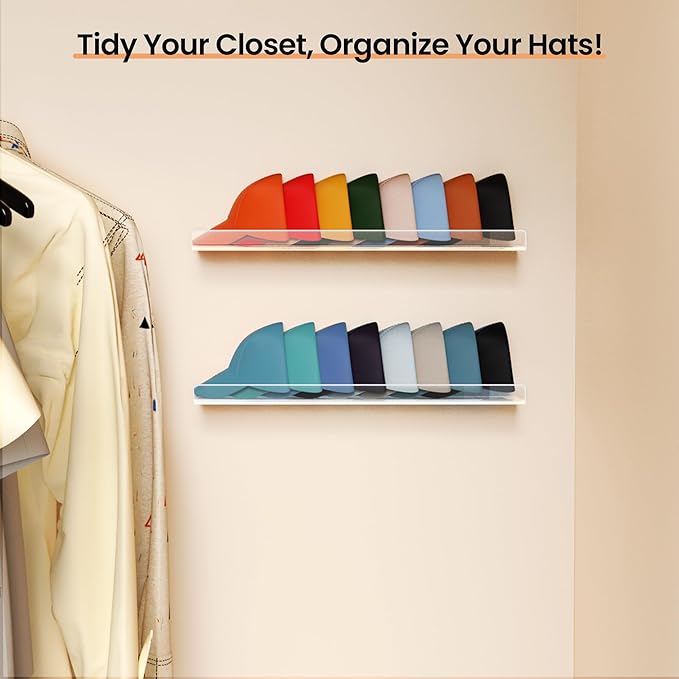 upsimples 2-Pack Acrylic Floating Hat Shelves, Wall-Mounted Hat Holder Fits up to 40 Hats - Hat Organizer for Baseball Cap Storage in Closet, Bedroom, Entryway, and Laundry Room
