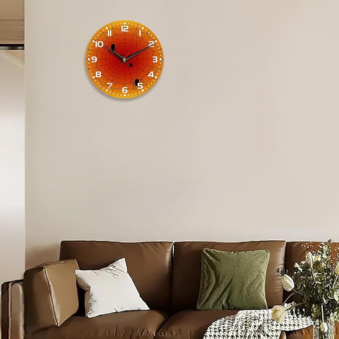 Wall Clock,Orange Spider Web Wall Clocks Wooden Art Hanging Clock Silent Non-Ticking Wall Clocks Battery Operated Round Home Arabic Numeral 10 Inch