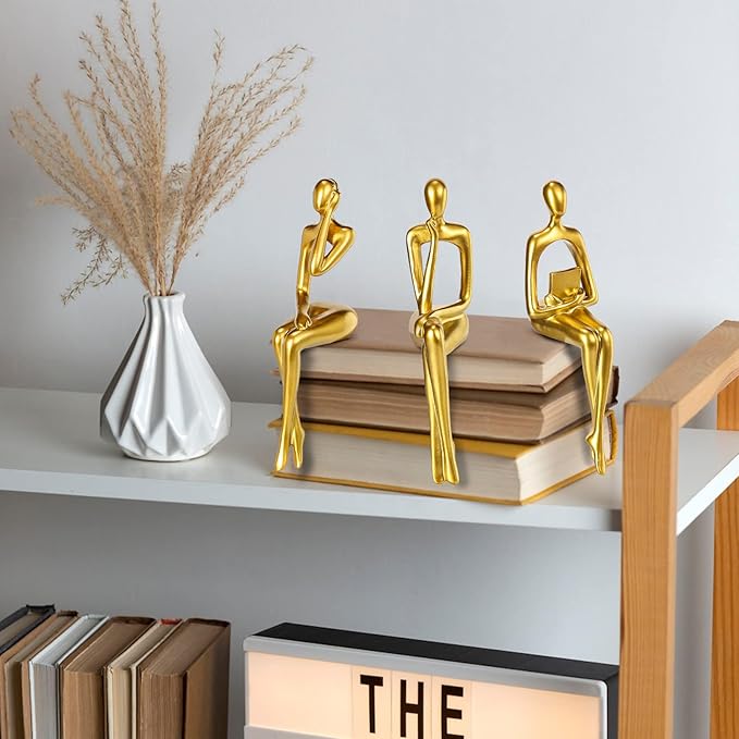 Thinker Statue Gold Decor Abstract Art Sculpture, Golden Resin Collectible Figurines for Home Living Room Office Shelf Decoration,Great Gifts Ideas (Sitting Posture-Gold)