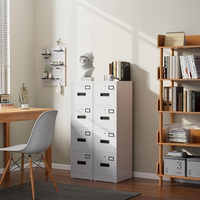 4 Drawer File Cabinet with 4 Independent Locks, Metal Vertical Filing Storage Cabinet for Home Office with Card Holder for Letter/Legal/A4 Folders, Assembly Required, 4 Drawers, White