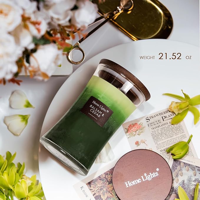 HomeLights 3-Layer Candles for Home Scented, 21.52 OZ Natural Soy Wax Scented Candles Burns Up to 100 Hours, Large Jar,Balsam & Cedar