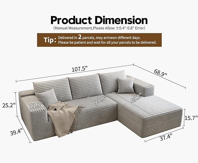 107.5" Cloud Sectional Couch with L-Shape Chaise,Modern Modular Sofa with Deep Seat, Upholstered Couches for Living Room Bedroom Apartments,No Assembly Required, (Grey,Right Facing Chaise)