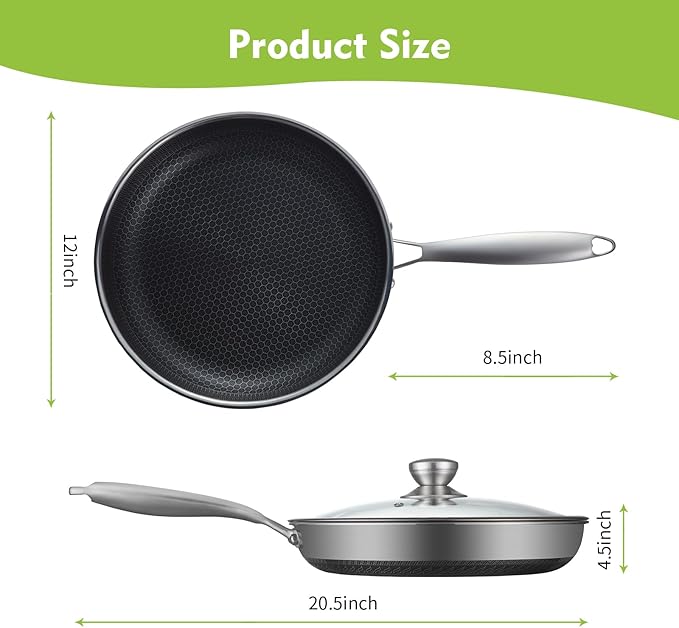 Non Stick Frying Pans, Hybrid 12 Inch Frying Pans Nonstick with Lid, Stainless Steel Skillets Chef Cookware, PFOA Free, Works on Induction,Ceramic,Gas Cooktops and Ovens