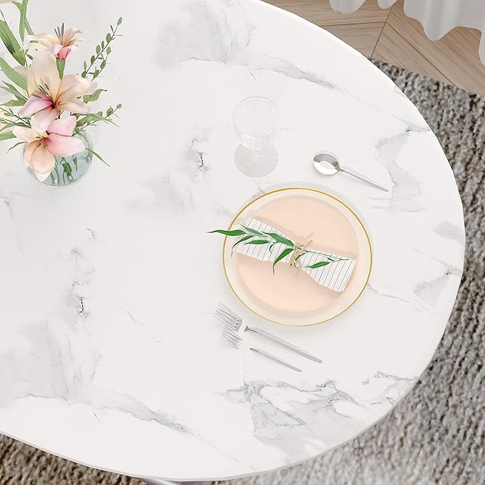 VECELO 3-Piece Dining Table Set for Kitchen Breakfast Nook, Faux Marbled Oval Tabletop and Metal Frame with Built-in Wine Rack, for Small Spaces, White & Silver