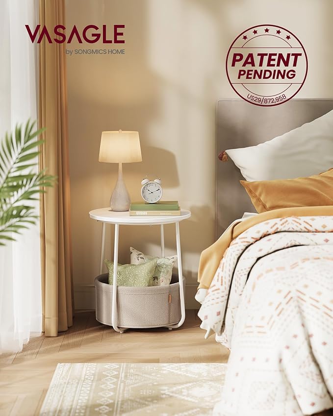 VASAGLE Small Round Side End Table, Modern Nightstand with Fabric Basket, Matte White and Camel Brown ULET223W10