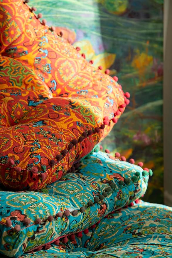 vctops Boho Cotton Linen Square Chair Seat Cushions for Dining Kitchen Office Chairs Super Soft Printed Chair Pads with Pompom Fringe (Blue,16"x16")