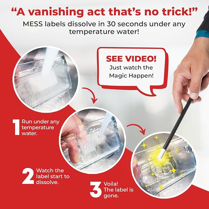 MESS Dissolvable Food Labels, Fill-in, 2x2 200/Roll - Dissolves in 30 Seconds or Less - Removable Pantry, Meal Prep & Food Storage Labels – Canning & Freezer Use