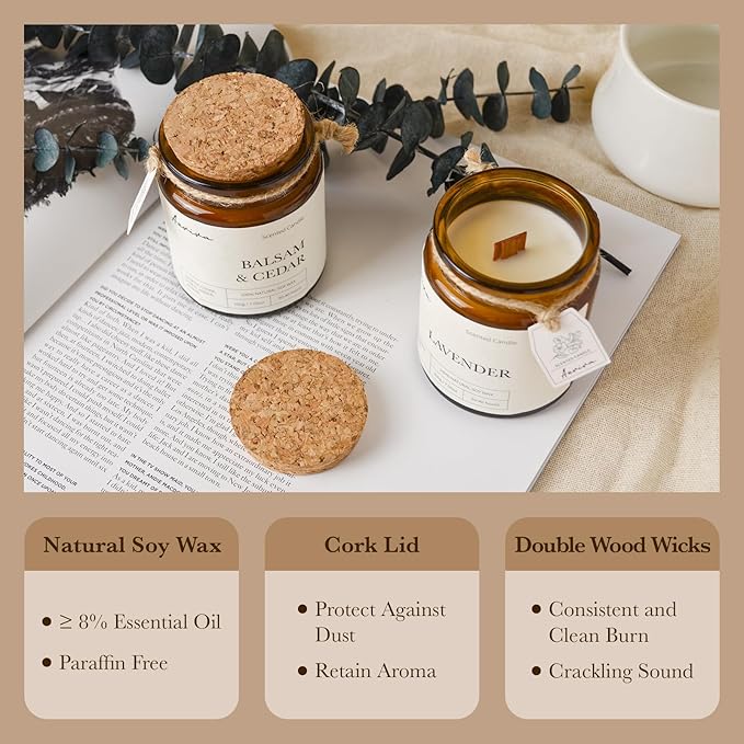 Scented Candle, 7.05 oz Balsam Cedar Aromatherapy Candle, Natural Soy Wax with Wooden Wick, Candles for Home Scented, Stress Relief Amber Jar Candle Gifts