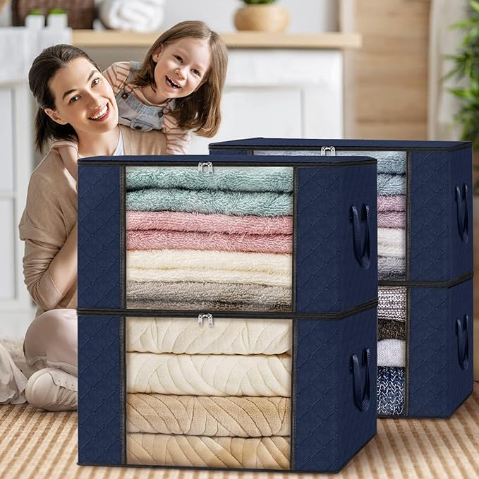 Fab totes 4 Pack Clothes Storage, Foldable Thick Fabric Blanket Storage Bags, Containers for Organizing Bedroom, Closet, Clothing, Comforter,Closet Organization with Handle,Blue