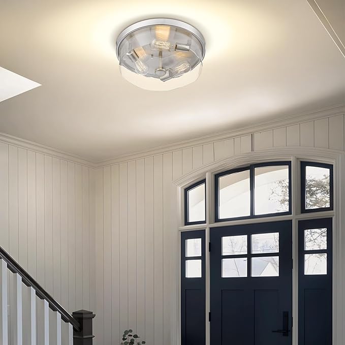 Brushed Nickel Flush Mount Ceiling Light, 3-Light Hallway Light Fixtures, Modern Farmhouse Farmhouse Ceiling Light Clear Glass for Kitchen Porch Entryway Indoor Outdoor