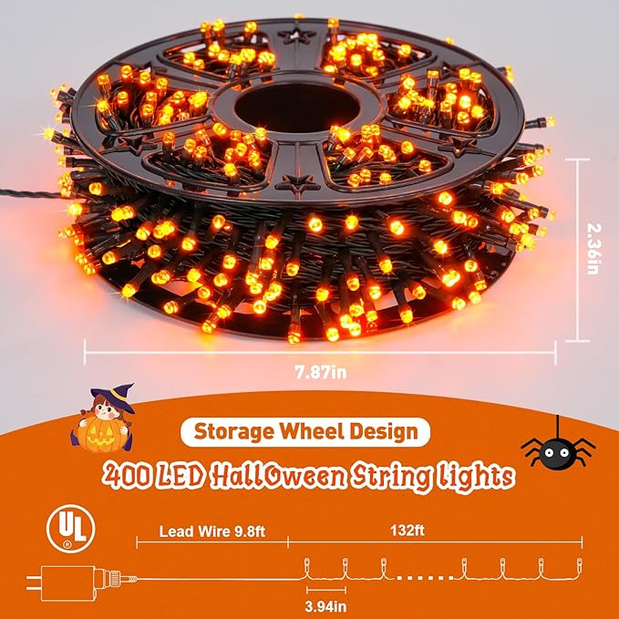 JMEXSUSS Halloween Lights: 132ft 400 LED Orange Halloween Outdoor Indoor String Lights Plug in - Orange Lights for Halloween Christmas Decorations