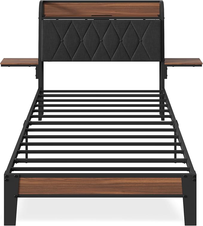 WLIVE Twin Size Upholstered Bed Frame with 2 Side Shelves, Linen Tufted Storage Headboard with Charging Ports and LED Light, Metal Solid and Stable, No Box Spring Needed, Easy Assembly, Brown