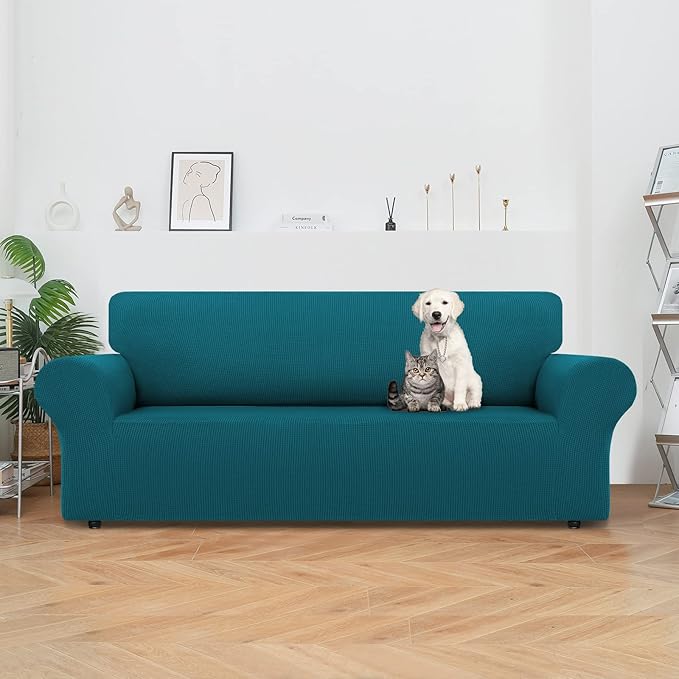 LURKA Stretch Sofa Slipcovers 1 Piece Couch Covers for 3 Cushion Couch Sofa Furniture Protector Full Sofa Covers with Elastic Bottom for Kids and Dog (Large, Peacockblue)