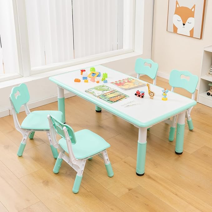 HONEY JOY Kids Table and Chair Set, Height Adjustable Children Activity Table and 4 Chairs Set w/Erasable Graffiti Desktop, Toddler Table and Chair Set for Daycare, Classroom, Home (Green)