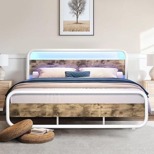 Catrimown King Size Bed Frame, Metal King Bed Frame with LED Headboard, Rustic Industrial Heavy Duty Wooden Platform Bed Frame with Under Bed Storage, Noise Free, No Box Spring Needed, White