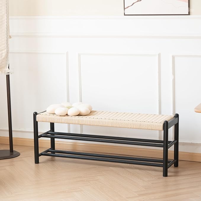 Solid Wood Entryway Bench with Shoe Storage, Rustic Oak Wood and Woven Design 39.4 Inch Long Seating for Living and Dining Rooms, 3-Tier Black