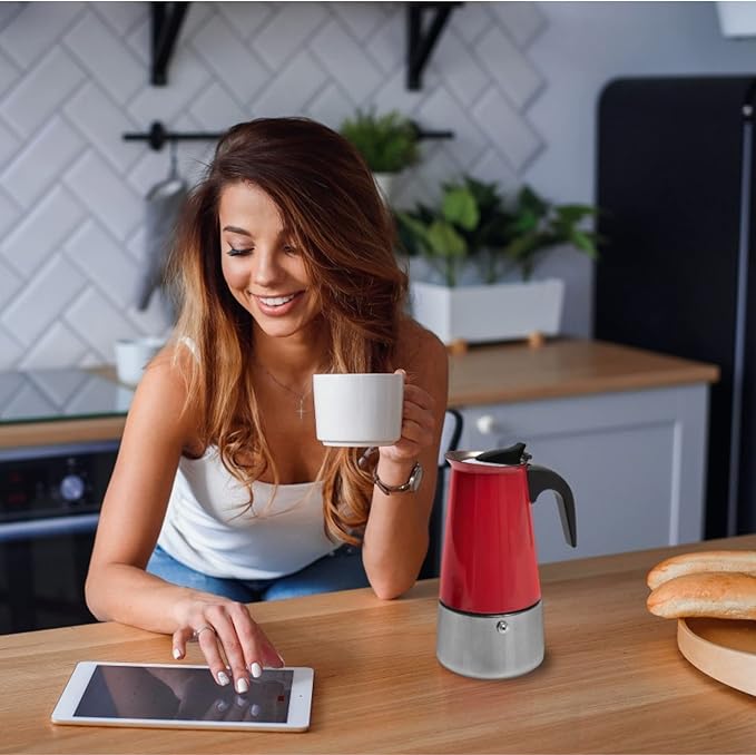 Mixpresso Red 6 Cup Greca Stovetop Espresso Pot 300ml/10oz, Moka Pot with Coffee Percolator Design, Stainless Steel Stove Top Coffee Maker for Camping or Home Use,Italian Stovetop Espresso Maker