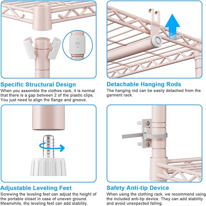 Ulif E13 Heavy Duty Clothes Rack(With 4 Hanger Rods & 8 Shelves) Freestanding Clothing Racks for Hanging Clothes,Adjustable Closet Organizer,Metal Garment Rack 63" W x16 D x77 H,Max Load 900LBS,Pink