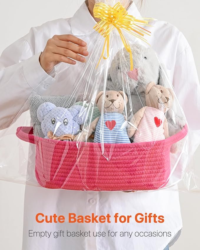 KALLAX Small Woven Basket, 12 x 8 x 4.5 Inches, Small Storage Baskets for Organizing, Gift Baskets Empty, Cute Rope Shelf Closet Storage Bins for Shelves, Dog Toy Basket, 3 Packs, Hot Pink