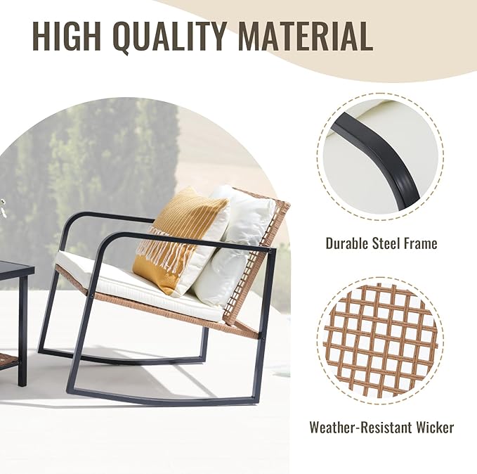 SUNSITT 3 Piece Outdoor Bistro Set, Wicker Patio Rocking Bistro Set w/Weather-Resistant Cushions, Metal Bistro Table & Chairs Set of 2, Woven Rattan Patio Rocking Chairs Set w/Outdoor Coffee Table