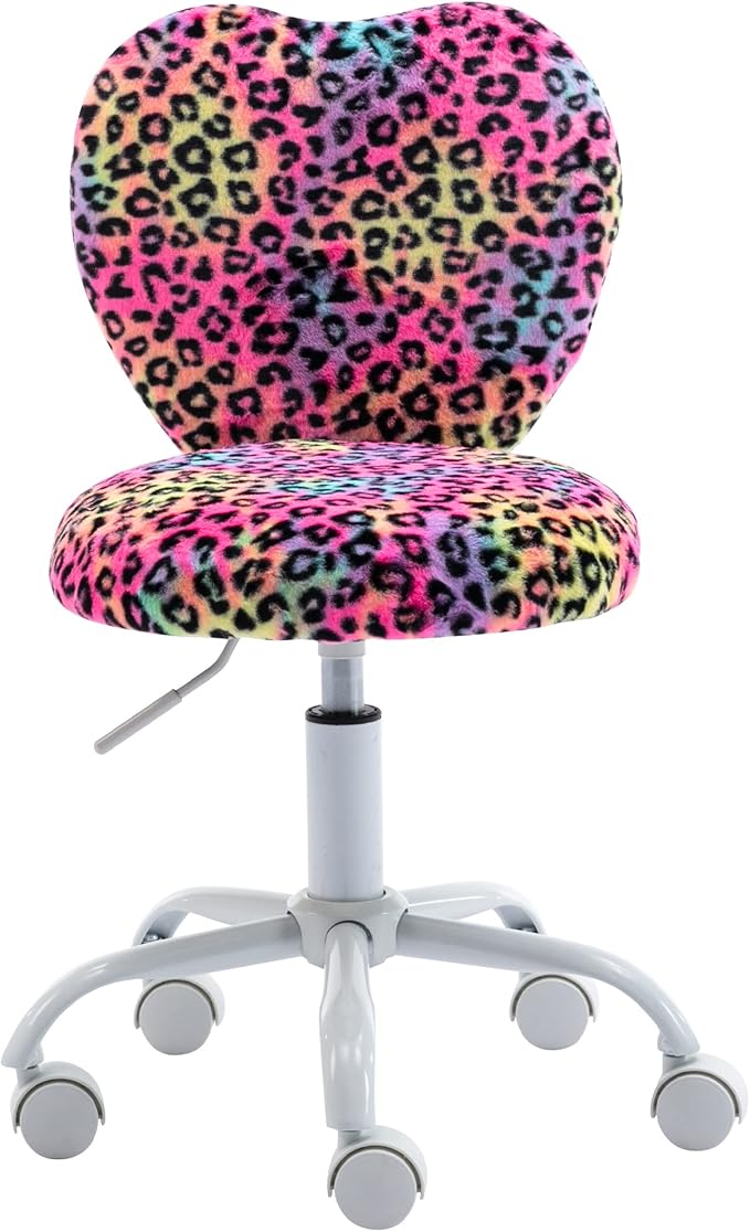 Cute Fuzzy Kids Chair Rolling Study Desk Chair Furry Studing Computer Task Chair Faux Fur Swivel Vanity Chair for Girls Boys Bedroom, Red Leopard