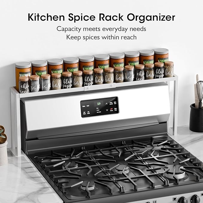 Bumusty Spice Rack Shelf for Kitchen Stove, 32" Adjustable Oven Spice Rack, Seasoning Organizer Kitchen Shelves,White