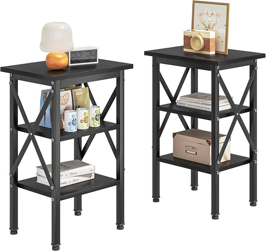 VECELO End Table Set of 2, Bedside Table, 24" Tall Living Room End Tables, X-Design Reinforced Nightstands, Side Table with 3-Tier Storage Shelves for Small Spaces, Office, Bedroom, Classic Black