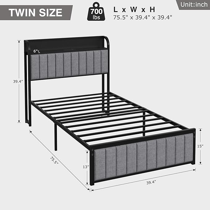 VECELO Twin Bed Frame with Headboard, Upholstered Platform Bedframe, Heavy Duty Metal Slats, No Box Spring Needed, Easy Assembly, Linen Grey