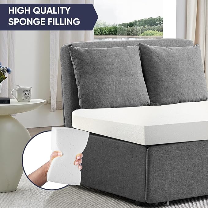 2 in 1 Pull Out Sofa Bed Full Size, Small Convertible Sleeper Sofa Couch, Linen Folding Guest Bed with Wheels and Cushions Pillow, Futon Sofas Couch Beds for Bedroom Office Lounge - Light Grey