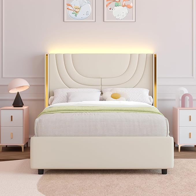 Twin Upholstered Bed Frame with LED Lights, Faux Leather Platform Bed Frame with Silver Wingback Headboard, Modern Style, No Box Spring Needed, Easy Assembly, Cream