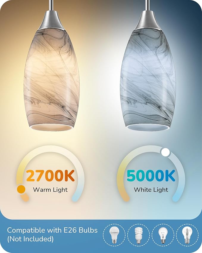 EDISHINE Pendant Light Fixture, Handcrafted Art Glass Hanging Light, Hardwired Ceiling Light, Grey Marble Glass Shade, Adjustable Brushed Nickel Rods, E26 Base, Pendant Lamp for Kitchen Island, Bar