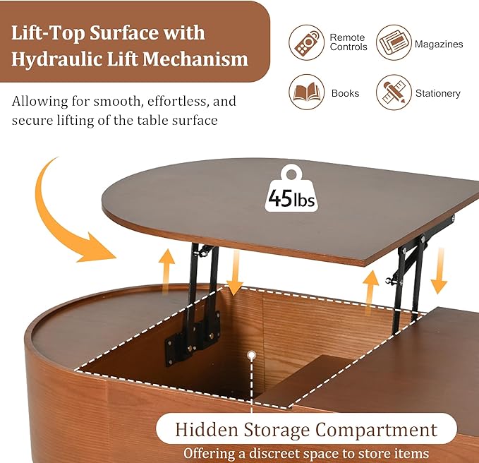 WILLIAMSPACE 47.2" Oval Lift Top Coffee Table with 360-degree Marble-Patterned Rotating Tray, Modern Wooden Center Table Side End Table Lift Tabletop with Hidden Compartment for Living Room, Brown