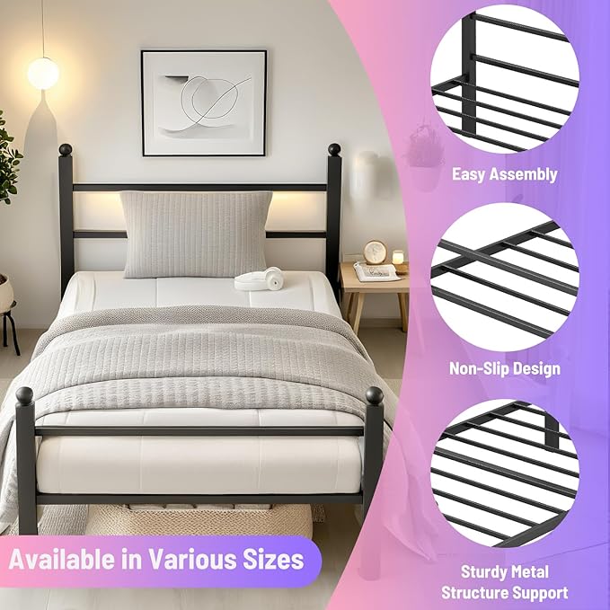 Twin Bed Frame with Headboard and Footboard,Steel Slats Support-LED Bed Frame with USB Charging Station,Mattress Foundation-Under Bed Storage,No Box Spring Needed,Noise Free,Black
