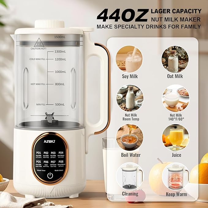 𝗨𝗽𝗴𝗿𝗮𝗱𝗲𝗱 44oz Automatic Nut Milk Maker, 8 in 1 Homemade Soy Milk Maker,Almond Milk, Oat Milk, Coconut Milk & More and Nut Milk Machine with Delay Start/Self-Cleaning with Electronic Cookbook